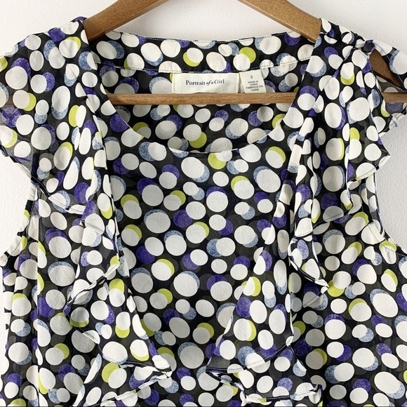Portrait Of A Girl Silk Dot Blouse 2 Ruffle Sleevless Anthropologie - Picture 3 of 8